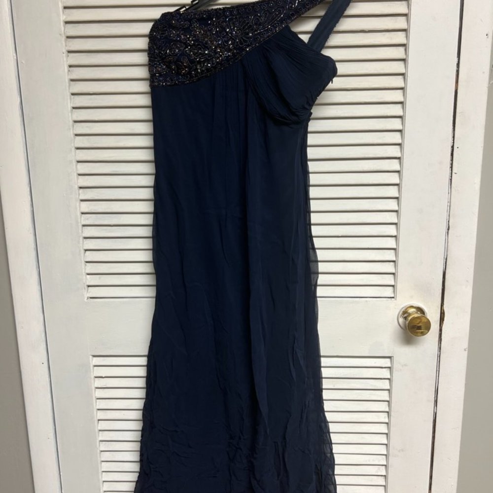 Pisarro Nights One Shoulder Navy Silk Beaded Sequined Floor Length Formal Dress